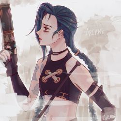 Rule 34 | 1girl, arcane: league of legends, arcane jinx, artist name, aurora williams, bare shoulders, black choker, blue nails, braid, breasts, brown gloves, choker, closed mouth, cloud tattoo, commentary request, crop top, fingerless gloves, gloves, grey background, gun, hair ornament, hand up, highres, holding, holding gun, holding weapon, jinx (league of legends), league of legends, long hair, nail polish, navel, profile, red eyes, simple background, small breasts, solo, stomach, striped sleeves, twin braids, weapon