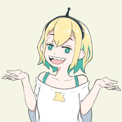 Rule 34 | 1girl, :d, absurdres, amano pikamee, aqua camisole, black hairband, blonde hair, bra, bra strap, bright pupils, camisole, commentary, english commentary, francisco rodriguez, green bra, green eyes, green hair, hairband, hands up, highres, long sleeves, looking at viewer, multicolored hair, open mouth, sharp teeth, short hair, shrugging, simple background, smile, solo, sweater, teeth, two-tone hair, underwear, upper body, virtual youtuber, voms, white sweater, wide sleeves, yellow background