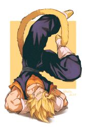 Rule 34 | 1boy, :p, absurdres, arms up, artist name, blonde hair, boots, closed mouth, collarbone, dougi, dragon ball, dragonball z, earrings, full body, gloves, green eyes, grey sash, hair between eyes, highres, jewelry, looking at viewer, male focus, monkey tail, muscular, muscular male, orange shirt, pectorals, potara earrings, relio db318, sash, shirt, short sleeves, simple background, solo, spiked hair, super saiyan, super saiyan 1, tail, tongue, tongue out, twitter username, two-tone background, upside-down, v-shaped eyebrows, vegetto, white background, white footwear, white gloves, yellow background