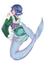 Rule 34 | 1girl, animal ears, blue eyes, blue hair, classictime, fins, head fins, highres, japanese clothes, kimono, long sleeves, matching hair/eyes, mermaid, monster girl, obi, open mouth, sash, short hair, smile, solo, touhou, wakasagihime, wide sleeves