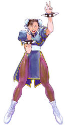Rule 34 | 1990s (style), 1girl, :d, arm up, boots, bracelet, breasts, brown hair, bun cover, capcom, china dress, chinese clothes, chun-li, closed eyes, double bun, dress, facing viewer, full body, hair bun, jewelry, medium breasts, non-web source, official art, open mouth, pantyhose, puffy short sleeves, puffy sleeves, retro artstyle, short hair, short sleeves, simple background, smile, solo, spiked bracelet, spikes, street fighter, street fighter ii (series), teeth, traditional media, upper teeth only, w, white background, white footwear, yasuda akira