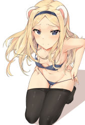 Rule 34 | 1girl, absurdres, aleksandra i. pokryshkin, animal ears, black pantyhose, blonde hair, blue panties, blush, bra, brave witches, breasts, closed mouth, female focus, from above, full body, hairband, highres, long hair, looking at viewer, looking up, navel, panties, panty pull, pantyhose, parted bangs, pulled by self, shiny skin, simple background, small breasts, solo, stomach, thigh gap, tuxedo de cat, underwear, underwear only, very long hair, white background, world witches series