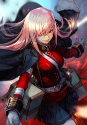 Rule 34 | 1girl, bandage over one eye, bandages, belt, black coat, black skirt, breasts, closed mouth, coat, fate/grand order, fate (series), floating hair, florence nightingale (fate), florence nightingale (third ascension) (fate), gloves, hair down, hungry clicker, jacket, jacket on shoulders, long hair, long sleeves, medium breasts, military, military jacket, military uniform, pantyhose, pink hair, pleated skirt, pouch, red eyes, red jacket, sam browne belt, skirt, solo, uniform, white belt, white gloves, white pantyhose