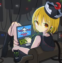 Rule 34 | 1girl, alternate costume, bare arms, black socks, blonde hair, can, commentary request, computer, crescent, earphones, from behind, hair between eyes, hat, highres, holding, holding can, hood, hoodie, inon, laptop, looking at viewer, looking back, lunasa prismriver, no shoes, short hair, skull and crossbones, sleeveless, socks, solo, touhou, yellow eyes