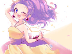 Rule 34 | 1girl, arm up, bare shoulders, blue eyes, blush, collarbone, dress, earrings, eyelashes, falling petals, jewelry, moe (pop&#039;n music), one eye closed, open mouth, petals, ponytail, pop&#039;n music, purple hair, rozimechicka 01, solo, teeth, upper teeth only, white background, wrist bow, yellow dress