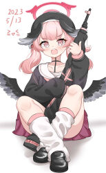 Rule 34 | 1girl, beret, black footwear, black hat, black shirt, blue archive, blush, chinese commentary, collarbone, commentary request, dated, feathered wings, full body, gun, halo, hat, head wings, highres, holding, holding gun, holding weapon, hoshitsuki higan, knees up, koharu (blue archive), long sleeves, loose socks, low wings, medium hair, open mouth, pink eyes, pink hair, pink halo, pink skirt, pleated skirt, puffy long sleeves, puffy sleeves, sailor collar, shirt, shoes, simple background, sitting, skirt, sleeves past fingers, sleeves past wrists, snail, socks, solo, teeth, twintails, upper teeth only, weapon, white background, white sailor collar, white socks, wings