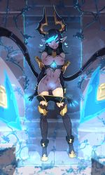 Rule 34 | 1girl, absurdres, bare shoulders, black background, black footwear, black hair, black shorts, blue eyes, blue hair, boots, breasts, brown background, claws, clothes pull, elbow gloves, evelynn (league of legends), female focus, full body, gloves, glowing, grin, heart, high heel boots, high heels, highres, horns, league of legends, long hair, looking at viewer, medium breasts, multicolored hair, navel, nipples, pointy ears, pubic tattoo, pussy, pussy juice, shadow evelynn, shorts, shorts pull, shuuko (s h uuko), smile, solo, standing, tail, tattoo, thigh boots, thighhighs, undressing