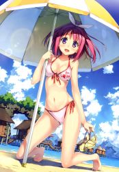 Rule 34 | 1girl, :d, absurdres, arrow through heart, bare legs, barefoot, beach, beach umbrella, bikini, blue sky, breast press, breasts, cameltoe, cleavage, cloud, collarbone, day, feet, front-tie top, hair ribbon, halterneck, highres, holding, holding shoes, kantoku, kneeling, lens flare, looking at viewer, medium breasts, navel, open mouth, original, outdoors, pink hair, purple eyes, ribbon, sandals, shoes, short hair, side-tie bikini bottom, sky, smile, solo, swimsuit, umbrella, white bikini, wide ponytail