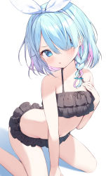 Rule 34 | 1girl, absurdres, arm support, arona (blue archive), bare arms, bare legs, bare shoulders, bikini, bikini skirt, black bikini, black skirt, blue archive, blue eyes, blue hair, blush, bow hairband, braid, colored inner hair, dot nose, frilled bikini, frills, hair over one eye, hairband, halterneck, hand up, highres, kneeling, leaning forward, looking at viewer, microskirt, multicolored hair, navel, parted lips, petite, pink hair, short hair, simple background, single braid, skirt, solo, stomach, swept bangs, swimsuit, topia, two-tone hair, white background, white hairband