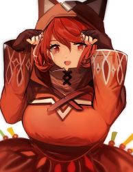 Rule 34 | 1girl, :d, absurdres, animal ears, animal hood, breasts, brown hood, cat ears, disguised pyra (xenoblade), earrings, fingerless gloves, gloves, highres, hood, hoodie, jewelry, large breasts, looking at viewer, open mouth, pyra (xenoblade), red eyes, red hair, short hair, simple background, smile, solo, swept bangs, tarbo (exxxpiation), xenoblade chronicles (series), xenoblade chronicles 2