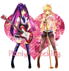 Rule 34 | 10s, 2girls, :p, bad id, bad pixiv id, belt, blonde hair, blush, electric guitar, fishnet pantyhose, fishnets, green eyes, guitar, hair ribbon, instrument, kuga asumi, long hair, microphone, microphone stand, midriff, multicolored hair, multiple girls, panty &amp; stocking with garterbelt, panty (psg), pantyhose, ribbon, siblings, sisters, stocking (psg), striped clothes, striped legwear, striped thighhighs, tattoo, thighhighs, tongue, tongue out, two-tone hair