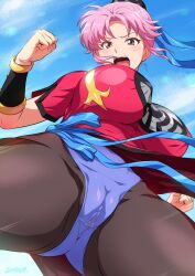 Rule 34 | 1girl, artist name, black pantyhose, blue leotard, blue ribbon, blue sash, blue sky, bracer, breasts, cameltoe, chinese clothes, clenched hands, cloud, cloudy sky, crotch seam, day, dragon quest, dragon quest dai no daibouken, from below, frown, hair ribbon, highres, impossible clothes, impossible shirt, joy ride, kicking, large breasts, leotard, looking at viewer, maam, open mouth, outdoors, pantyhose, pink eyes, pink hair, ponytail, red shirt, ribbon, sash, shirt, signature, sky, solo