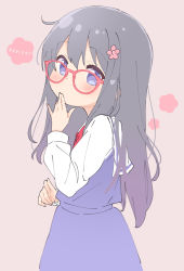 Rule 34 | 1girl, bespectacled, black hair, blue dress, blush, brown background, commentary, covered mouth, dress, flower, glasses, hair between eyes, hair flower, hair ornament, hand up, jigatei (omijin), long hair, long sleeves, looking at viewer, looking to the side, pink flower, red-framed eyewear, sailor collar, sailor dress, shirosaki hana, shirt, simple background, sleeveless, sleeveless dress, solo, symbol-only commentary, translation request, very long hair, watashi ni tenshi ga maiorita!, white sailor collar, white shirt