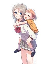 2girls :d ^_^ aged_down ahoge aki_m_m_a ankle_socks arms_behind_back black_footwear blue_eyes blush bow bowtie breasts brown_shorts carrying child closed_eyes closed_mouth commentary feet_out_of_frame grey_hair grey_sailor_collar grey_skirt highres loafers long_sleeves looking_at_another looking_back love_live! love_live!_sunshine!! medium_breasts miniskirt multiple_girls open_mouth orange_hair orange_shirt piggyback pleated_skirt red_bow red_bowtie sailor_collar school_uniform serafuku shirt shoes short_hair short_sleeves shorts simple_background skirt smile socks split_mouth t-shirt takami_chika uranohoshi_school_uniform watanabe_you white_background white_socks winter_uniform