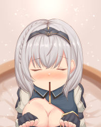 Rule 34 | 1girl, absurdres, blush, braid, breasts, cleavage, closed eyes, food, highres, hololive, kanti15, large breasts, looking at viewer, mole, mole on breast, mouth hold, pocky, pocky day, shirogane noel, shirogane noel (1st costume), short hair, silver hair, solo, virtual youtuber