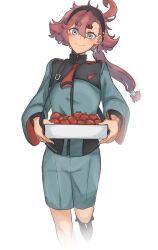 1girl ahoge akasukiane04 asticassia_school_uniform blue_eyes blush food gundam gundam_suisei_no_majo hairband highres holding holding_food long_hair looking_at_viewer ponytail red_hair school_uniform shorts smile suletta_mercury thick_eyebrows tomato walking