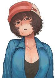 Rule 34 | 1girl, absurdres, black shirt, blue shirt, breasts, brown eyes, brown hair, chanta (ayatakaoisii), cleavage, collared shirt, helmet, highres, large breasts, original, parted lips, shirt, short hair, simple background, solo, sweatdrop, white background