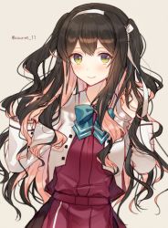 Rule 34 | 1girl, alternate hairstyle, black hair, blazer, bow, bowtie, commentary request, cowboy shot, fang, grey background, grey legwear, hairband, halterneck, hiiragi souren, holding, holding own hair, jacket, kantai collection, long hair, looking at viewer, multicolored hair, naganami (kancolle), naganami kai ni (kancolle), pink hair, smile, solo, twitter username, two-tone hair, two side up, wavy hair, white hairband