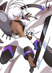 1girl alma_judikhali blue_eyes breasts dark-skinned_female dark_skin eyebrows_hidden_by_hair full_body heterochromia highres holding holding_sword holding_weapon jumping large_breasts looking_at_viewer lower_teeth_only open_mouth purple_eyes saikyou_no_shien-shoku_&quot;wajutsushi&quot;_dearu_ore_wa_sekai_saikyou_kuran_o_shitagaeru short_hair simple_background sketch smoke smoke_trail solo sword teeth thick_eyelashes weapon white_background white_hair yamori8484