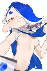 Rule 34 | 1girl, blue hair, blush, breasts, closed mouth, commission, earrings, hand fan, highres, jewelry, looking at viewer, makingtawawa, medium breasts, multiple earrings, nintendo, nipples, octoling, red eyes, revealing clothes, sarashi, sarashi pull, shiver (splatoon), simple background, skeb commission, smile, solo, splatoon (series), splatoon 3, stomach, tentacle hair, upper body, white background
