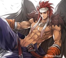 Rule 34 | 1boy, abs, belt, brown gloves, canopus wolph, closed mouth, feathered wings, gloves, headband, jewelry, long hair, looking at viewer, male focus, moreshan, red hair, simple background, smile, solo, tactics ogre, topless male, white background, wings