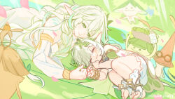 2girls aranara_(genshin_impact) arisuke_(natuyan) armlet artist_name bare_shoulders bloomers closed_eyes closed_mouth commentary_request detached_sleeves dress genshin_impact gold_armlet green_eyes hair_ornament holding_another&#039;s_finger jewelry knees_up light_blush long_hair long_sleeves lying multiple_girls nahida_(genshin_impact) on_side parted_lips pointy_ears rukkhadevata_(genshin_impact) smile socks star-shaped_pupils star_(symbol) stirrup_legwear symbol-shaped_pupils toeless_legwear underwear white_bloomers white_dress white_hair white_socks