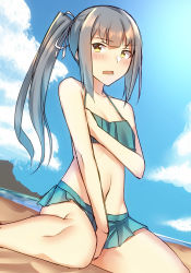 Rule 34 | 1girl, bad id, bad pixiv id, beach, between legs, bikini, blue bikini, blue sky, blush, breasts, cloud, collarbone, commentary request, covering privates, covering one breast, day, frilled bikini, frills, green bikini, grey hair, hair ribbon, hand between legs, kantai collection, kasumi (kancolle), kasumi kai ni (kancolle), long hair, looking at viewer, ocean, open mouth, outdoors, pallad, ribbon, sand, side ponytail, sidelocks, sitting, sky, small breasts, solo, swimsuit, wariza, white ribbon