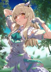 Rule 34 | 1girl, akizuki rito, amatsuna sasaha, arms up, blurry, blurry background, blush, breasts, brown eyes, brown hair, clothing cutout, commentary request, highres, indie virtual youtuber, leaf, long hair, looking at viewer, medium breasts, shoulder cutout, sky, solo, tree, uniform, virtual youtuber, wing hair ornament