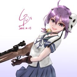 Rule 34 | 1girl, ahoge, akebono (kancolle), akebono kai ni (kancolle), artist logo, bell, blue sailor collar, blue skirt, brown gloves, dated, flower, gloves, gradient background, gun, hair bell, hair flower, hair ornament, highres, jingle bell, kantai collection, ld (luna dial398), long hair, looking at viewer, mask, mask on head, one-hour drawing challenge, open mouth, pleated skirt, purple eyes, purple hair, rifle, sailor collar, school uniform, serafuku, short sleeves, side ponytail, skirt, smile, sniper rifle, solo, teeth, upper teeth only, very long hair, weapon, white background