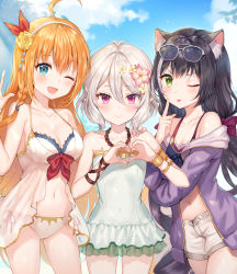 Rule 34 | 3girls, ;d, absurdres, ahoge, akanbe, animal ear fluff, animal ears, antenna hair, armlet, bare arms, bare shoulders, bikini, black bikini, black hair, blue eyes, blue sky, bow, braid, breasts, cat ears, cleavage, cloud, collarbone, cowboy shot, day, eyelid pull, eyewear on head, flower, green eyes, hair bow, hair flower, hair ornament, hairband, halterneck, heart, heart hands, highres, jacket, karyl (princess connect!), karyl (summer) (princess connect!), kokkoro (princess connect!), kokkoro (summer) (princess connect!), large breasts, long hair, long sleeves, looking at viewer, low twintails, multicolored hair, multiple girls, navel, off shoulder, one-piece swimsuit, one eye closed, open clothes, open fly, open jacket, open mouth, orange hair, outdoors, pecorine (princess connect!), pecorine (summer) (princess connect!), pink eyes, pink flower, pointy ears, princess connect!, purple jacket, red ribbon, ribbon, rose, short shorts, shorts, side-by-side, side-tie bikini bottom, silver hair, single braid, sky, smile, standing, stomach, streaked hair, sunglasses, swimsuit, tokkyu, tongue, tongue out, twintails