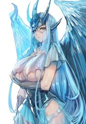 Rule 34 | 1girl, :|, arm under breasts, blue eyeshadow, blue hair, bow (bhp), breasts, closed mouth, cowboy shot, dragon girl, dragon wings, dress, expressionless, eyeshadow, glaring, horns, large breasts, long hair, looking at viewer, makeup, monster hunter, monster hunter: world, monster hunter (series), personification, see-through, see-through dress, simple background, slit pupils, velkhana, white background, wings, yellow eyes