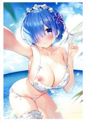 Rule 34 | 1girl, absurdres, armpits, ayamy, bare shoulders, beach, bikini, blue eyes, blue hair, blue sky, blush, breasts, closed mouth, cloud, cloudy sky, collarbone, day, fingernails, frills, hair between eyes, hair ornament, highres, large breasts, lips, looking at viewer, navel, nipples, ocean, one breast out, outdoors, pulling own clothes, re:zero kara hajimeru isekai seikatsu, rem (re:zero), scan, shiny skin, short hair, simple background, sky, solo, stomach, swimsuit, thigh strap, water, white bikini, x hair ornament