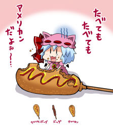 Rule 34 | 1girl, :3, bad id, bad pixiv id, bat wings, blue hair, check commentary, chibi, commentary request, corn dog, dress, eating, food, hat, highres, looking at viewer, mini person, minigirl, mob cap, noai nioshi, pink dress, remilia scarlet, sausage, short hair, solo, tears, touhou, translated, wings