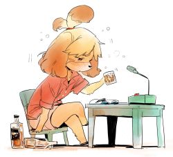 1girl alcohol animal_crossing animal_ears blonde_hair blush blush_stickers book bottle chair commentary cup dog dog_ears dog_girl dog_tail drinking_glass drunk from_side full_body furry furry_female highres holding holding_cup ikuhana_niiro isabelle_(animal_crossing) microphone miniskirt nintendo parted_lips pen pencil_skirt red_shirt shirt short_hair short_sleeves simple_background sitting sketch skirt solo squeans tail topknot whiskey white_skirt