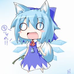 Rule 34 | 1girl, animal ears, blue hair, bow, chibi, circled 9, cirno, fang, female focus, gradient background, kemonomimi mode, o o, parody, reku, rex (artist), short hair, solo, spice and wolf, tail, touhou, wheat, wings, wolf ears, wolf tail