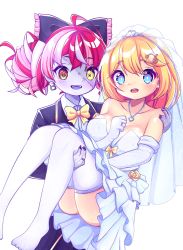 Rule 34 | 2girls, :d, ahoge, ass, aya chan1221, bare shoulders, black suit, blonde hair, blue eyes, bow, bowtie, bridal veil, carrying, carrying person, collarbone, collared shirt, commentary, dress, earrings, elbow gloves, english commentary, formal, frilled dress, frills, gloves, hair between eyes, hair bow, hair ornament, hair ribbon, heart, heart necklace, heterochromia, highres, hololive, hololive english, hololive indonesia, jewelry, kureiji ollie, long hair, long sleeves, looking at viewer, multicolored hair, multiple girls, necklace, open mouth, ornate ring, pale skin, patchwork skin, princess carry, red hair, ribbon, ring, shirt, short hair, sidelocks, simple background, smile, strapless, strapless dress, suit, symbol-shaped pupils, thighhighs, two-tone hair, veil, virtual youtuber, watson amelia, wedding band, wedding dress, white background, white dress, white gloves, white legwear, zombie