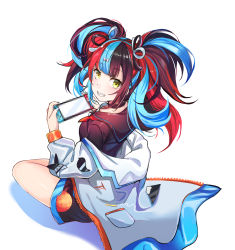 Rule 34 | 1girl, absurdres, black hair, black sailor collar, black shirt, blue hair, blue nails, breasts, censored, fate/grand order, fate (series), grin, hair ornament, highres, holding, jacket, jeffrey10, long sleeves, looking back, mosaic censoring, multicolored hair, nail polish, nintendo switch, off-shoulder jacket, off shoulder, playing games, red hair, sailor collar, sei shounagon (fate), shadow, shirt, sitting, smile, solo, twintails, white background, white jacket, yellow eyes