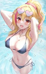 Rule 34 | 1girl, :3, :d, akabane (zebrasmise), armpits, arms behind head, arms up, bare arms, bare shoulders, bikini, bikini day, black bikini, blonde hair, breasts, cleavage, covered erect nipples, eyewear on head, from above, hair ornament, hair scrunchie, hairclip, halterneck, heart, heart-shaped eyewear, heart-shaped pupils, highres, jewelry, large breasts, long hair, looking at viewer, mole, mole on breast, multi-strapped bikini, multicolored hair, navel, necklace, open mouth, original, ponytail, red eyes, scrunchie, side-tie bikini bottom, skindentation, smile, solo, standing, stomach, streaked hair, string bikini, sunglasses, swimsuit, symbol-shaped pupils, thighs, virtual youtuber, wading, water, wet, x hair ornament