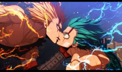 Rule 34 | 2boys, bakugou katsuki, bandage on face, bandages, blonde hair, blood, blood on face, boku no hero academia, electricity, freckles, glowing, glowing eyes, gradient background, green hair, hand on another&#039;s cheek, hand on another&#039;s face, highres, kiss, letterboxed, looking at another, male focus, midoriya izuku, mkm (mkm storage), multiple boys, red eyes, shirt, signature, sparkle, spiked hair, toned, toned male, topless male, torn clothes, torn shirt, v-shaped eyebrows, yaoi
