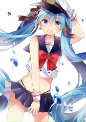 Rule 34 | 1girl, :d, absurdres, anchor earrings, arm up, bare arms, bare shoulders, blue eyes, blue hair, blue sailor collar, blue skirt, bow, bowtie, collarbone, commentary, cowboy shot, crop top, earrings, floating hair, hair between eyes, hair ribbon, hand on headwear, hat, hatsune miku, highleg, highleg panties, highres, jewelry, long hair, looking at viewer, midriff, miniskirt, open mouth, panties, peaked cap, pleated skirt, red bow, ribbon, sailor collar, school uniform, serafuku, shirt, simple background, skirt, sleeveless, sleeveless shirt, smile, solo, twintails, underwear, very long hair, vocaloid, water, white background, white hat, white shirt, wrist cuffs, yuruno