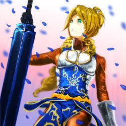 Rule 34 | 1girl, armor, artist request, blonde hair, drill hair, gloves, green eyes, lakyus alvein dale aindra, long hair, overlord (maruyama), petals, solo, sword, weapon