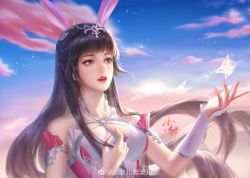 Rule 34 | 1girl, absurdres, animal ears, ba bo er benbo er, blue sky, brown hair, bug, butterfly, cloud, douluo dalu, dress, hair ornament, highres, insect, long hair, open mouth, outstretched hand, pink dress, rabbit ears, sky, solo, teeth, upper body, xiao wu (douluo dalu)