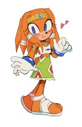 Rule 34 | 1girl, armlet, blue eyes, furry, furry female, gloves, gold necklace, green skirt, heart, highres, jewelry, looking at viewer, necklace, orange fur, shirt, skirt, smile, sonic (series), spidercheetos, tikal the echidna, white gloves, white shirt