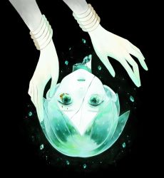 Rule 34 | androgynous, broken, crack, crying, crying with eyes open, disembodied head, gem, gender request, green eyes, green hair, highres, houseki no kuni, looking at viewer, phosphophyllite, spoilers, tears, tsuki jin, yumi (tuzisaka)