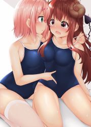 Rule 34 | 2girls, bare arms, bare shoulders, blue one-piece swimsuit, blush, breasts, brown eyes, brown hair, chiyoda momo, collarbone, commentary request, competition school swimsuit, covered navel, curled horns, demon girl, demon horns, demon tail, expressive tail, eye contact, fang, green eyes, hair ornament, hairclip, highres, horns, lifting another&#039;s clothes, long hair, looking at another, machikado mazoku, medium breasts, minato ojitan, multiple girls, navel fingering, nose blush, one-piece swimsuit, open mouth, parted lips, pink hair, profile, school swimsuit, small breasts, strap slip, sweat, swimsuit, tail, tears, thighhighs, trembling, v-shaped eyebrows, very long hair, white legwear, yoshida yuuko (machikado mazoku), yuri