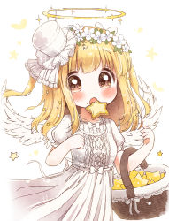 Rule 34 | 1girl, :o, angel wings, basket, blonde hair, bow, brown eyes, cookie, dress, feathered wings, flower, food, halo, hat, head wreath, highres, lace, mini hat, mini top hat, neko satou, open mouth, original, puffy short sleeves, puffy sleeves, ribbon, short sleeves, short twintails, solo, star-shaped food, star (symbol), top hat, twintails, white background, white bow, white dress, white flower, white hat, white ribbon, white wings, wings