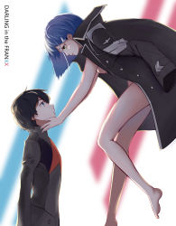 Rule 34 | 10s, 1boy, 1girl, absurdres, black coat, black hair, blue hair, blurry, blurry background, breasts, coat, darling in the franxx, eye contact, green eyes, hair ornament, hairclip, hand on another&#039;s cheek, hand on another&#039;s face, highres, hiro (darling in the franxx), ichigo (darling in the franxx), looking at another, luojiwei, naked coat, short hair, uniform