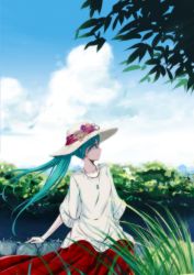 Rule 34 | 1girl, cloud, day, floating hair, grass, hatsune miku, highres, jewelry, leaf, necklace, profile, sky, sola7764, solo, summer, vocaloid, wind