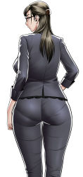 Rule 34 | 1girl, ass, backboob, breasts, brown hair, formal, freckles, from behind, glasses, highres, huge ass, jacket, large breasts, legs, looking back, mature female, narrow waist, office lady, original, pant suit, pants, pantylines, sideboob, simple background, skin tight, solo, suit, tatsunami youtoku, thigh gap, thighs, tight clothes, tight pants, white background, wide hips