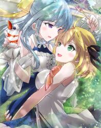 Rule 34 | 2girls, ahoge, anisphia wynn palettia, bare arms, black ribbon, blonde hair, blue hair, blush, bush, carrying, carrying person, commentary request, day, dress, euphyllia magenta, food, fork, green eyes, hair ribbon, highres, holding, holding fork, ice cream, light particles, long hair, looking at another, medium hair, multiple girls, off-shoulder dress, off shoulder, open mouth, outdoors, parted lips, purple eyes, qqwan120, ribbon, sleeveless, sleeveless dress, smile, sundae, tensei oujo to tensai reijou no mahou kakumei, white dress, yellow ribbon, yuri
